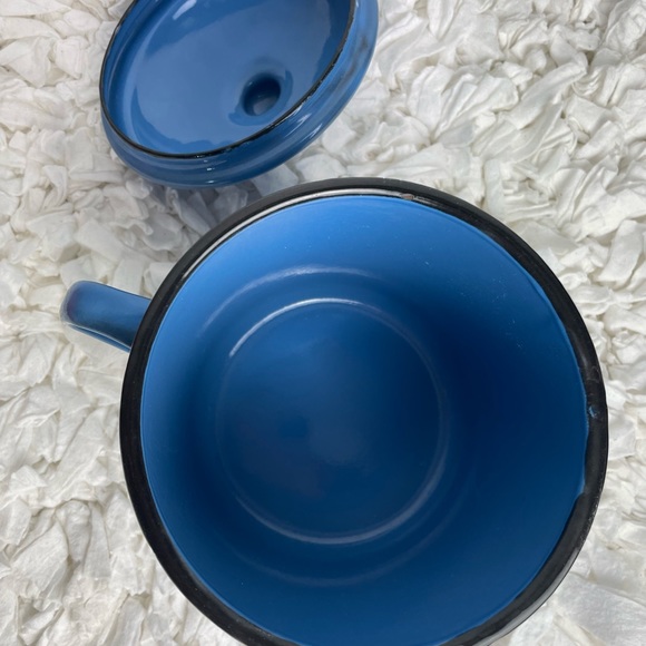 Vintage large enamelware mug with lid camping soup mug graniteware French blue - Picture 11 of 14